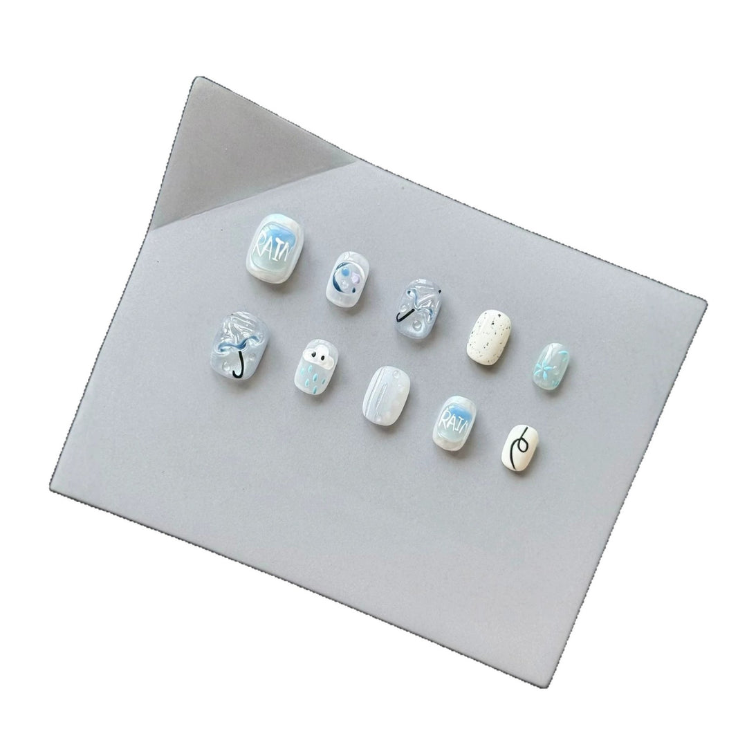 Artistic Press-On Nail Set with Rain Theme