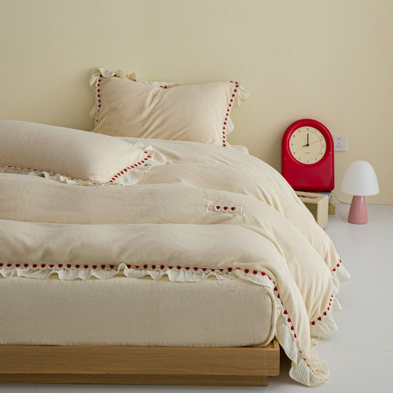 Plush Ruffled Pom-Pom Trim Duvet Cover Set
