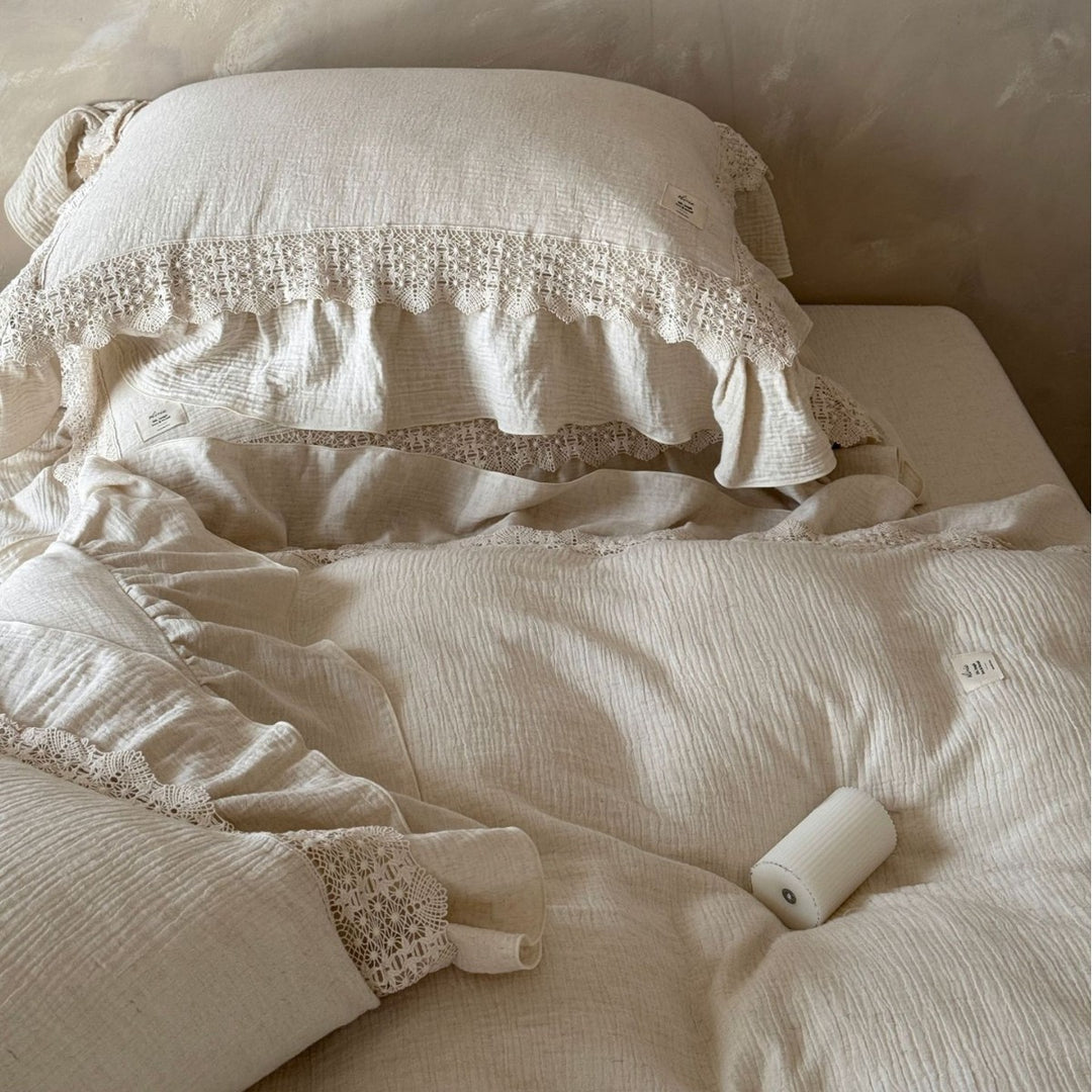 Cotton gauze duvet cover set with hand-crocheted lace trim and ruffle