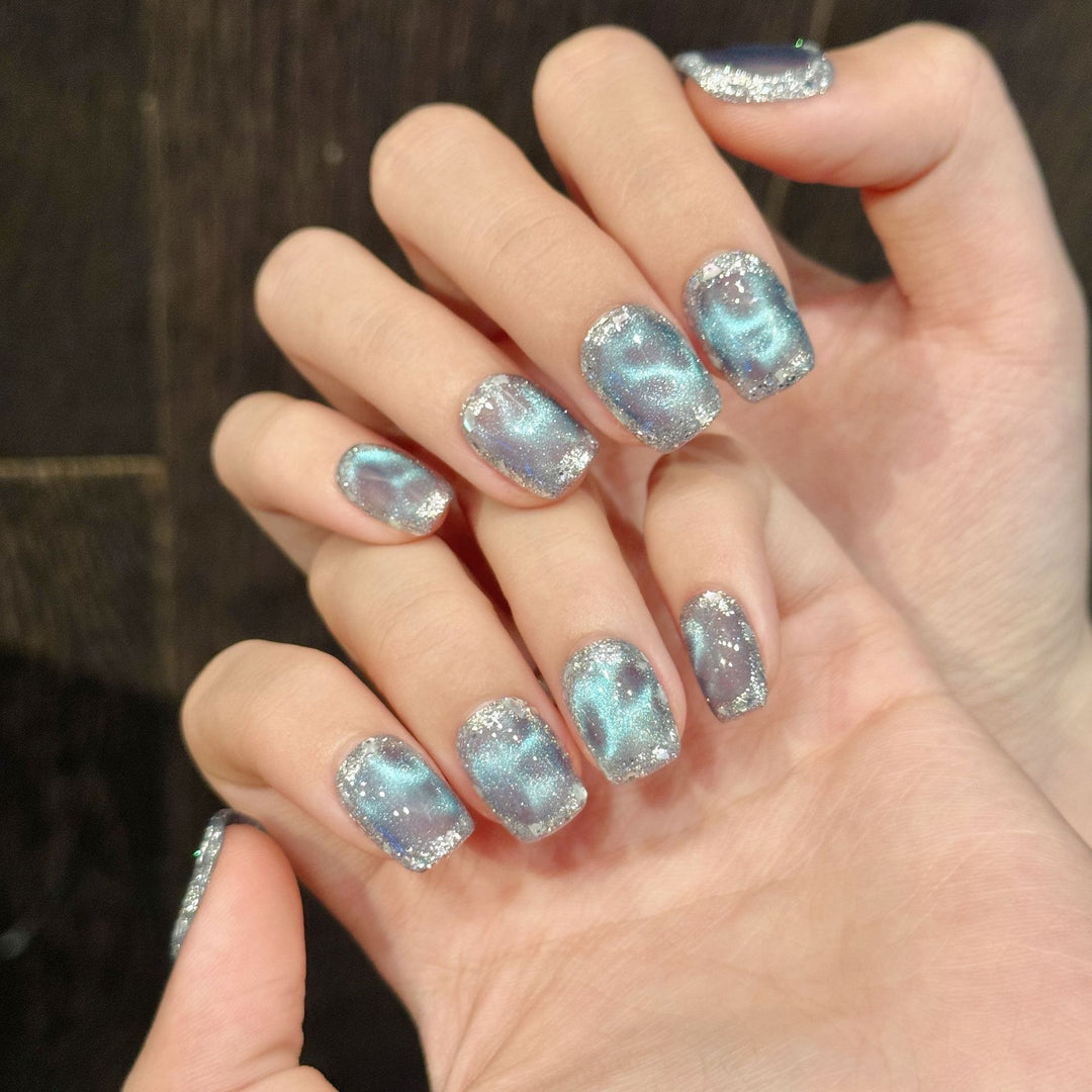 Glittery Press-On Nail Art Set with Silver Accents