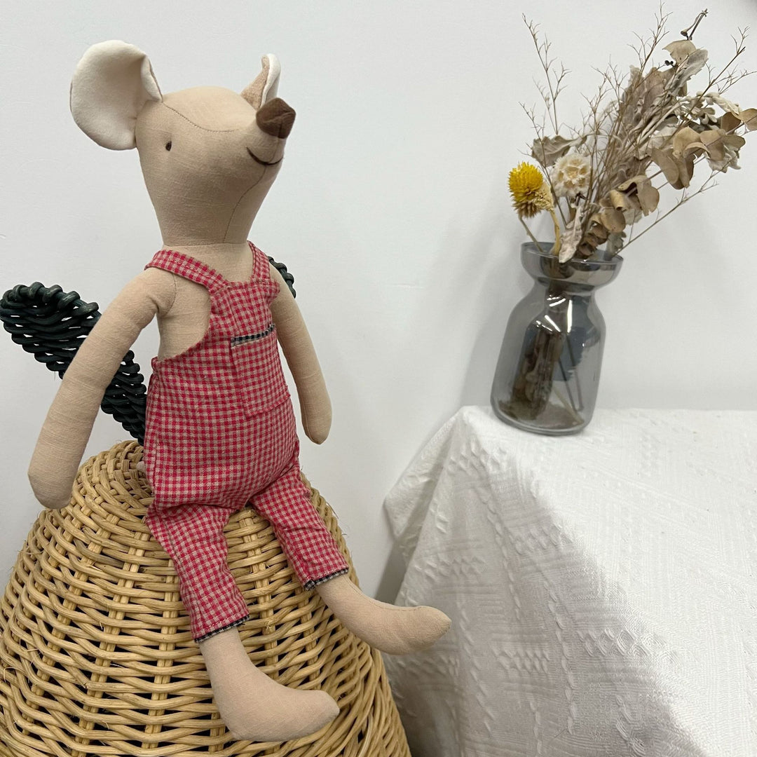 Handmade Linen Bunny Soft Cloth Doll with Embroidered Overalls