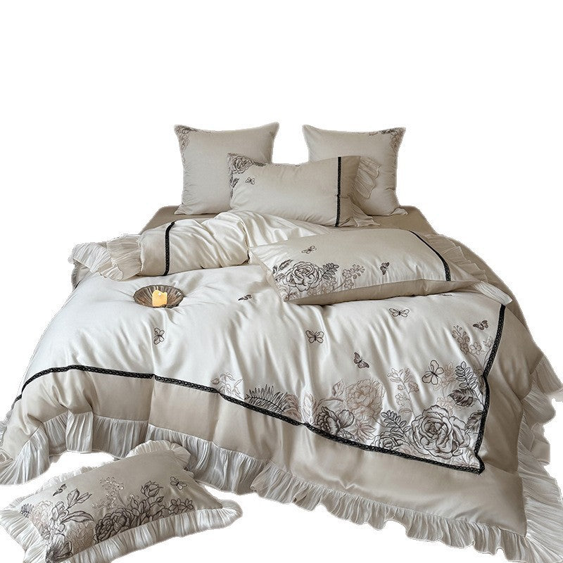 Luxury Embroidered Ruffled Cotton Sateen Duvet Cover Set