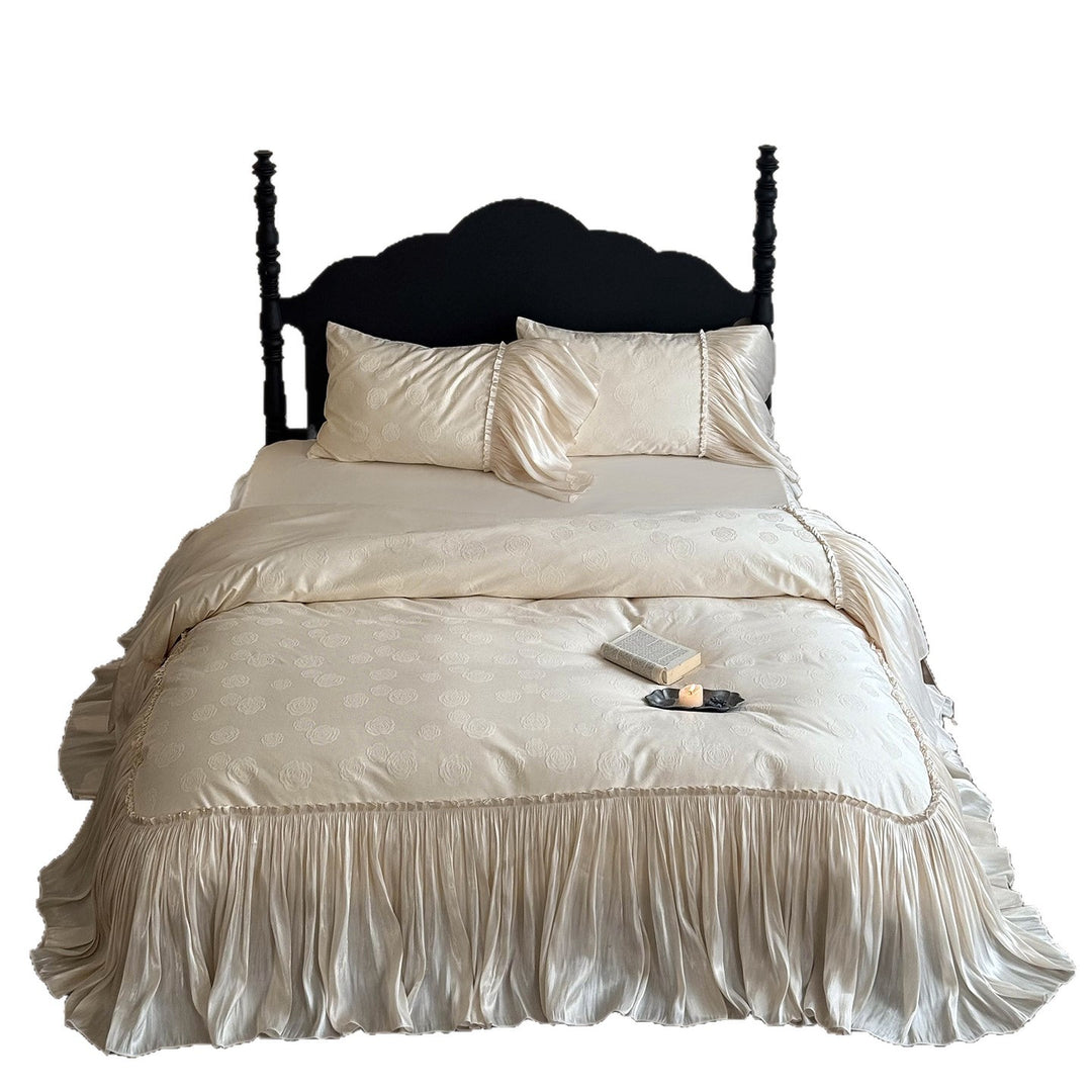Luxurious satin bed linen set with ruffles and rose relief