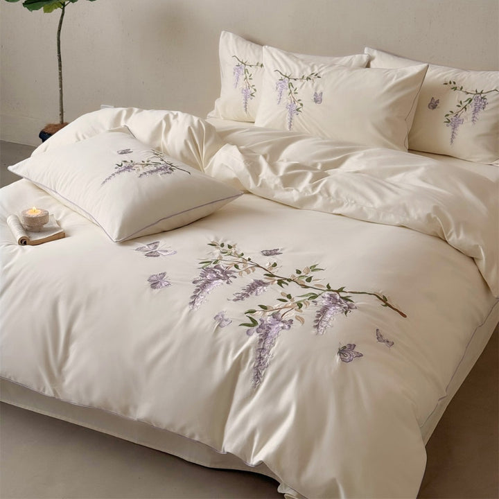 Embroidered Wisteria Cotton Sateen Duvet Cover Set with Piped Pillow Shams
