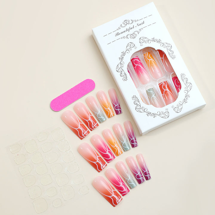 Artistic Press-On Nail Set with Gradient Swirl Designs Stornfield