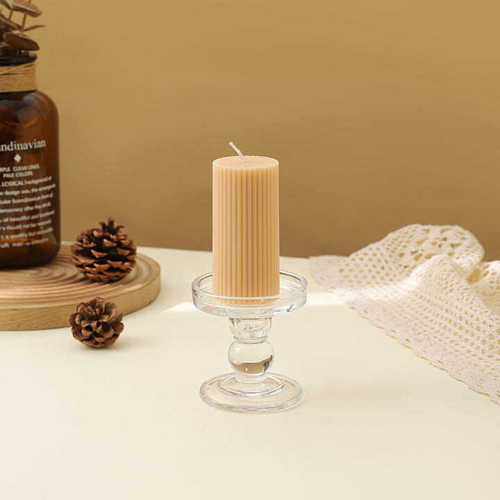Ribbed Decorative Pillar Candle with Crystal Glass Pedestal Holder