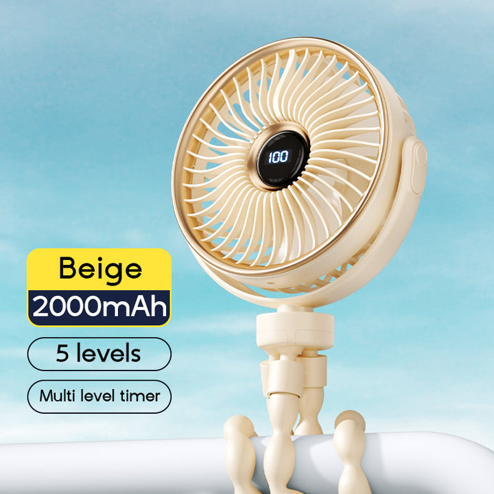 Unisex portable rechargeable clip fan with digital display, flexible clamp and multi-stage speed control Stornfield