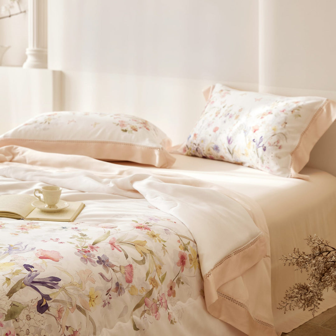 Elegant satin bedding set with floral watercolor print and ruffled bed skirt