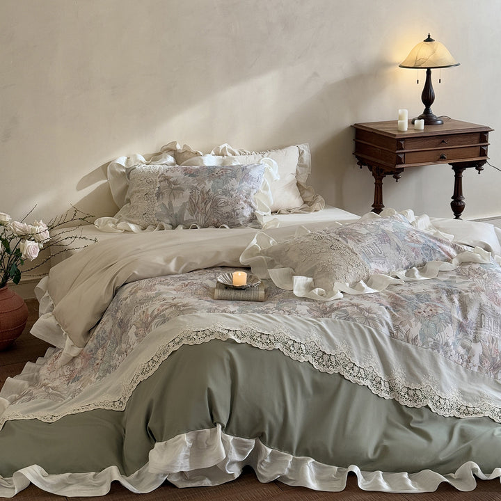 Ruffled Lace-Trim Floral Duvet Cover Set with Printed Panel & Frilled Shams