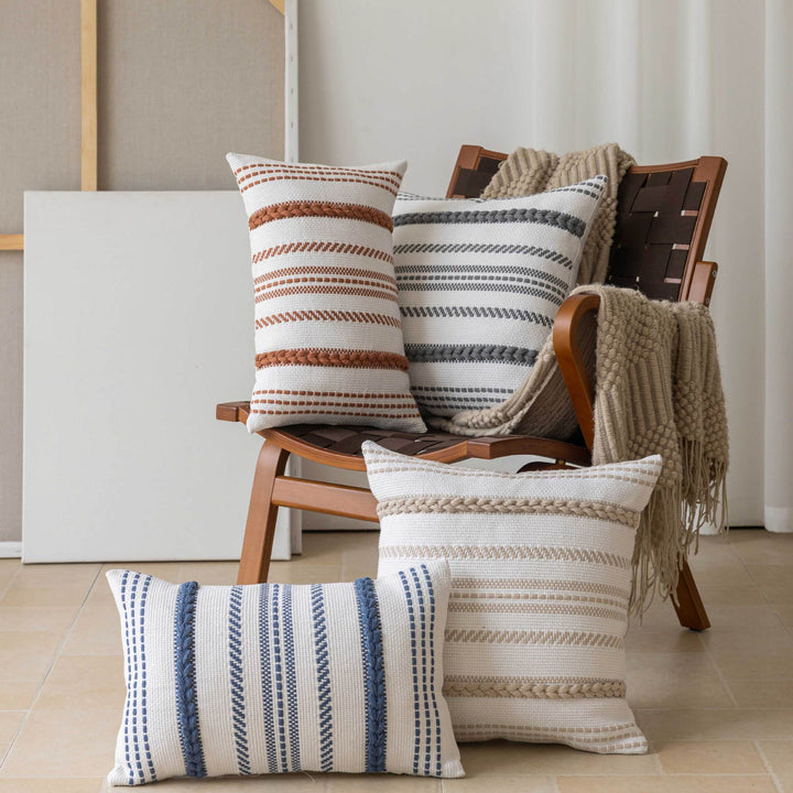 Handwoven Cotton Striped Boho Decorative Pillow Cover Set with Braided Accent