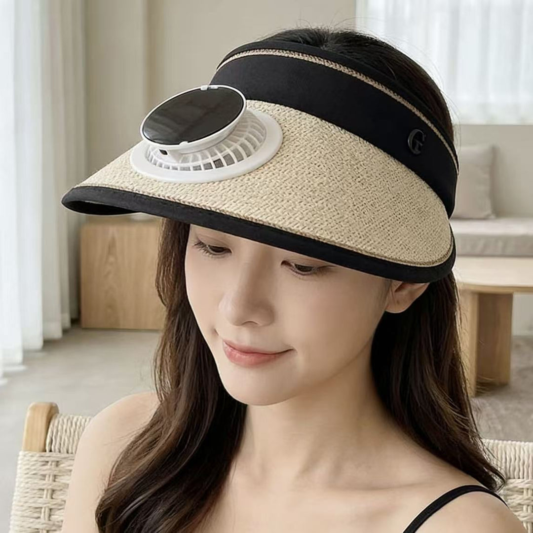 Foldable straw hat visor with integrated solar fan, adjustable neck strap, and breathable sweatband Stornfield