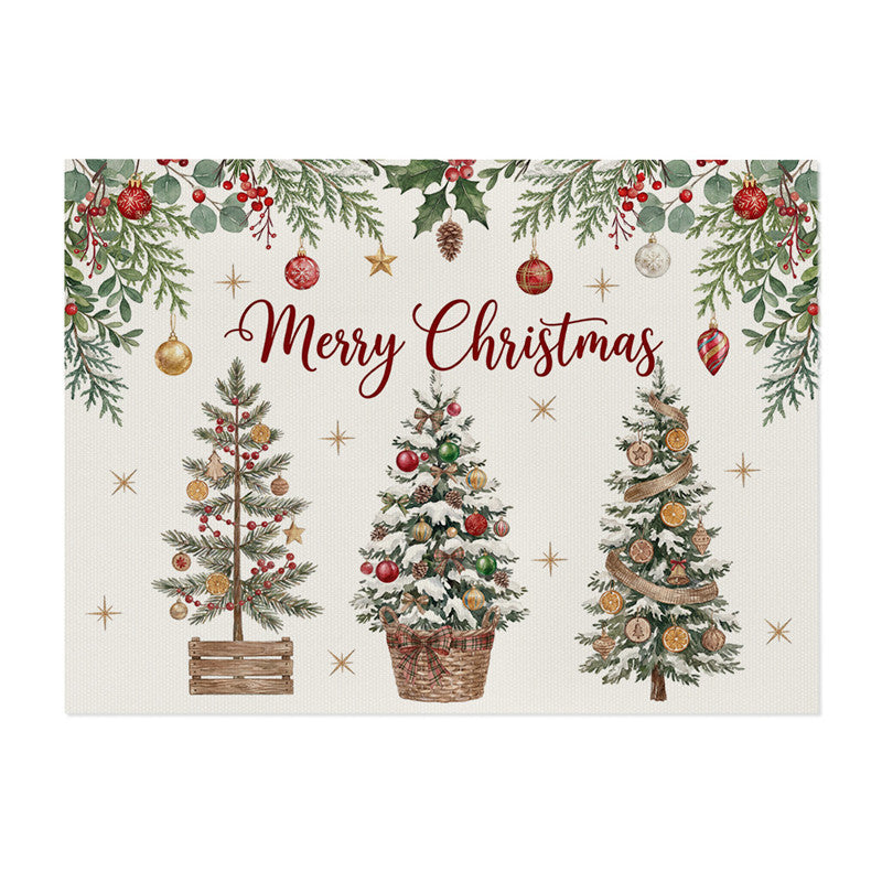 Festive Cotton-Linen Holiday Banner Tapestry with Illustrated Pine Trees and 'Merry Christmas' Script