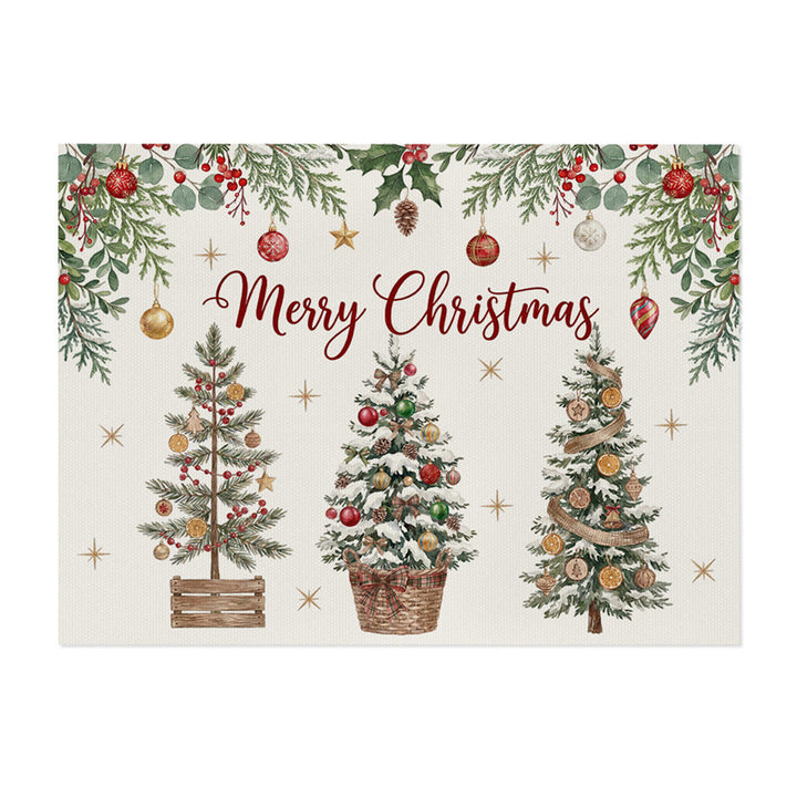 Festive Cotton-Linen Holiday Banner Tapestry with Illustrated Pine Trees and 'Merry Christmas' Script