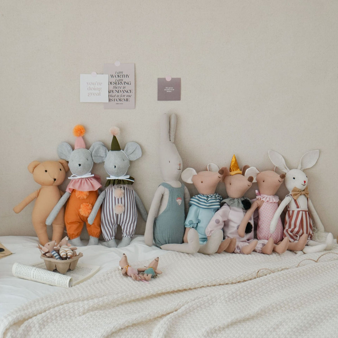 Soft Linen Long Leg Bunny Plush Doll with Embroidered Romper