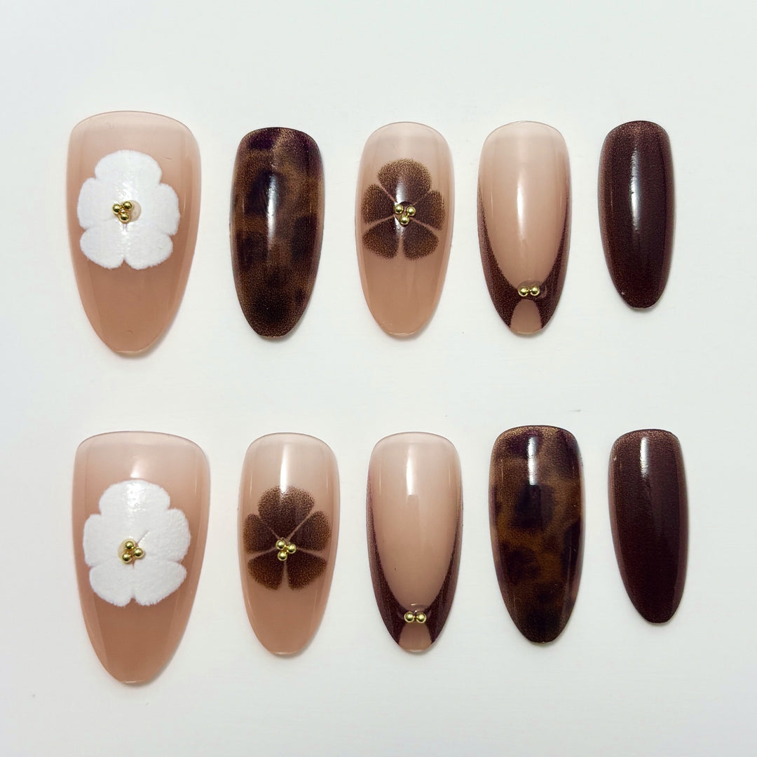Artistic Press-On Nail Set with Floral and Animal Accents