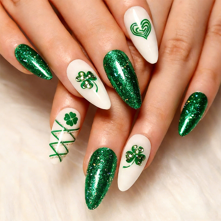 Artificial nail set with festive glitter and clover motifs Stornfield