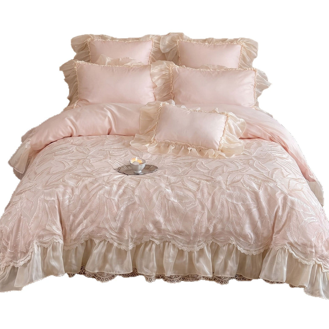 Luxurious Ruffled Organza-Trim Satin Duvet Cover Set with Embroidered Leaf Jacquard Bedspread