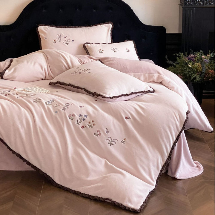 Embroidered Floral Velvet Duvet Cover Set with Ruffled Edge