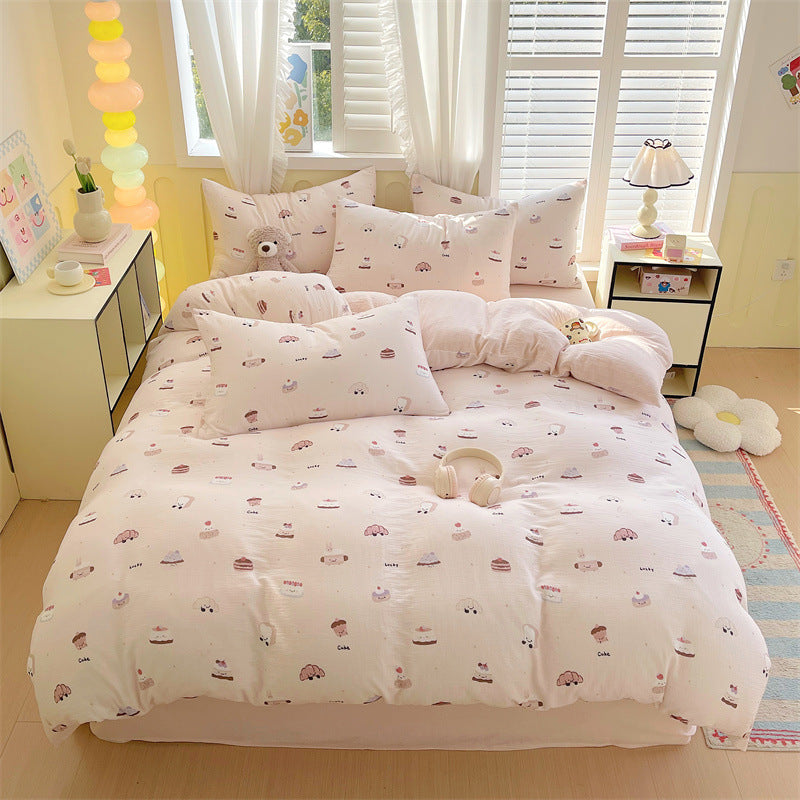 Cotton Gauze Quilted Duvet Cover and Pillowcase Set with Vintage Floral Bunny Print
