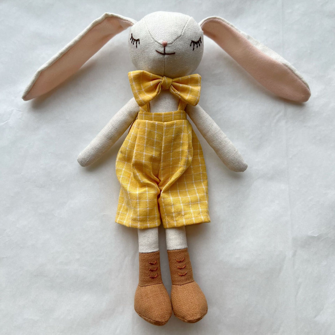 Handcrafted Long-Legged Linen Mouse Plush Doll with Striped Romper