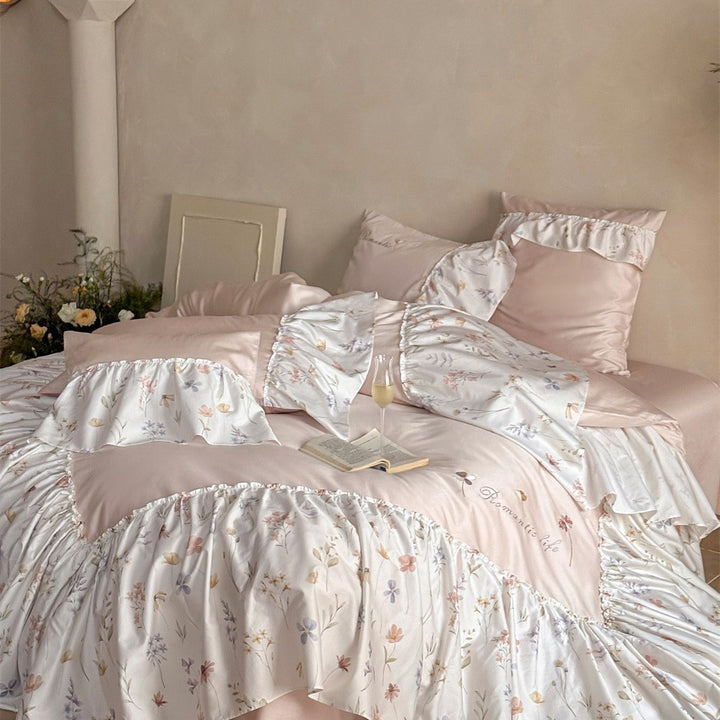 Ruffled Floral Cotton Sateen Duvet Cover Set with Pillow Shams and Bed Skirt