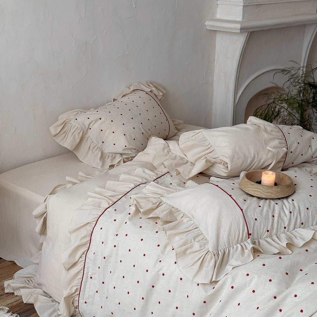 Frilled Organic-Linen Blend Duvet Cover & Sham Set with Hand-Embroidered Red Dot Motif