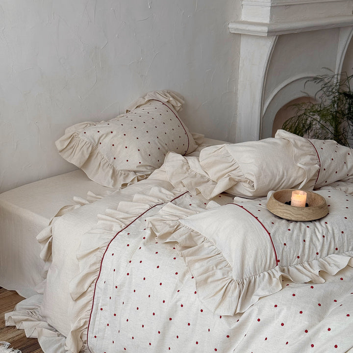 Frilled Organic-Linen Blend Duvet Cover & Sham Set with Hand-Embroidered Red Dot Motif