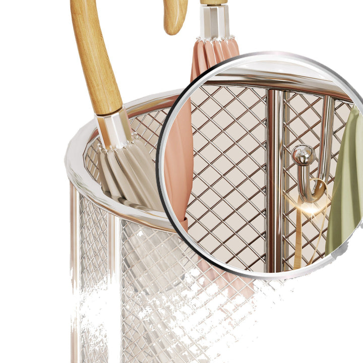 Cylindrical Perforated Metal Umbrella Stand with Raised Legs and Ventilated Mesh Body