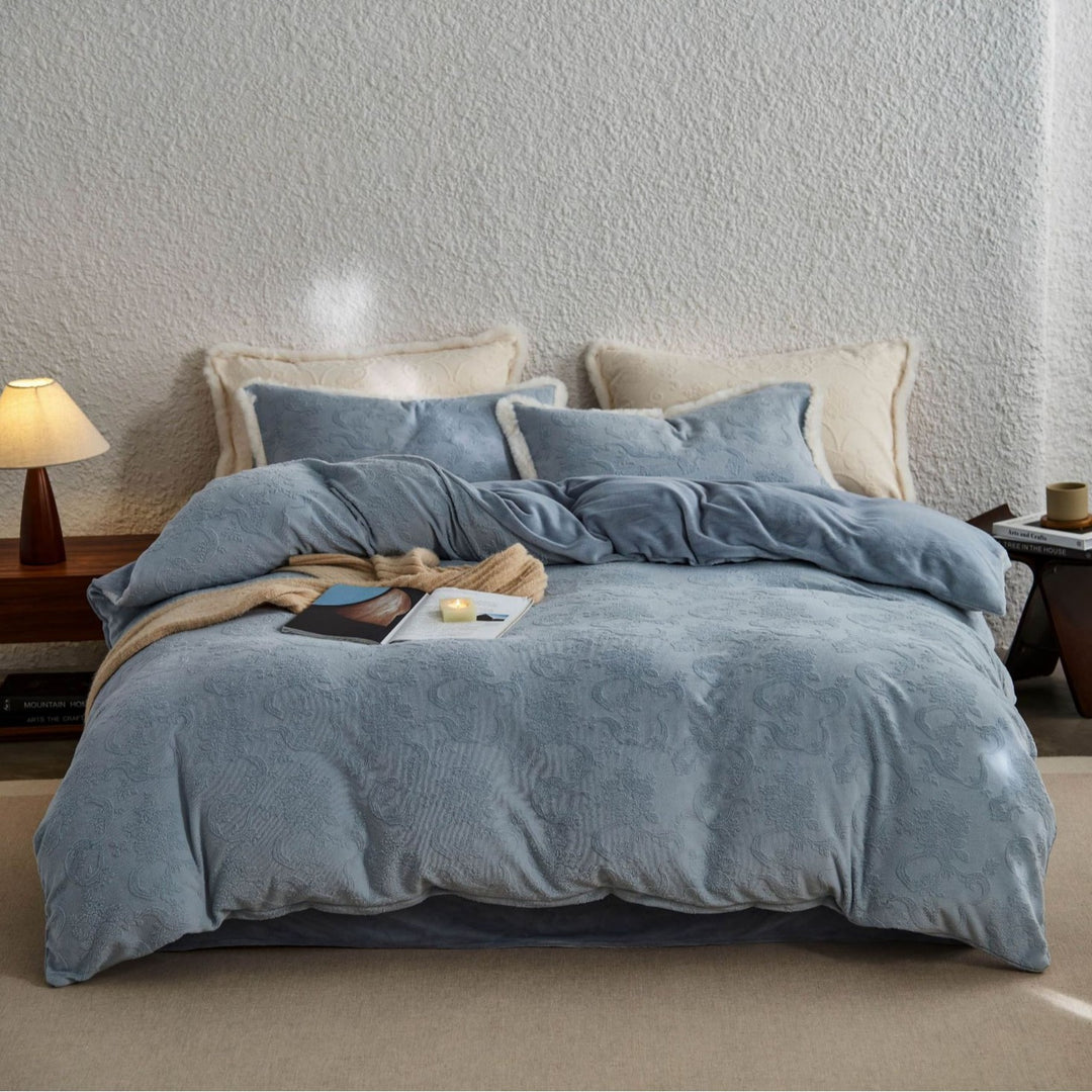 Embossed Paisley Plush Microfiber Duvet Cover Set with Sherpa-Lined Shams