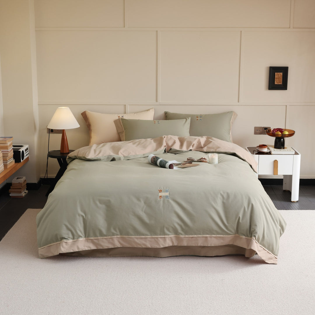 Two-Tone Luxury Cotton Percale Duvet Cover Set with Reversible Finish and Embroidered Monogram