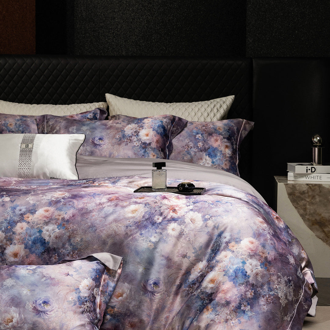 Satin bedding set in watercolor floral pattern with silky smooth finish