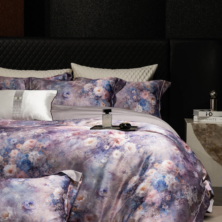 Satin bedding set in watercolor floral pattern with silky smooth finish