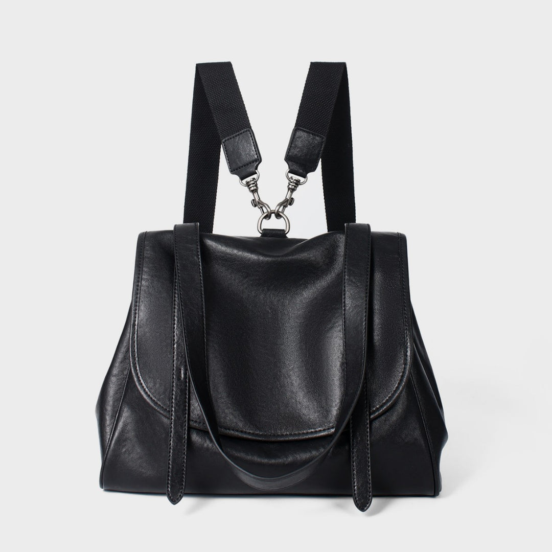 Convertible Smooth Leather Flap Tote Backpack with Detachable Webbing Straps