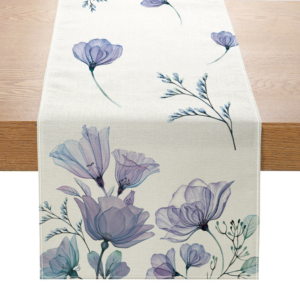 Linen-Blend Watercolor Floral Botanical Table Runner with Stain-Resistant Finish and Hemmed Edges