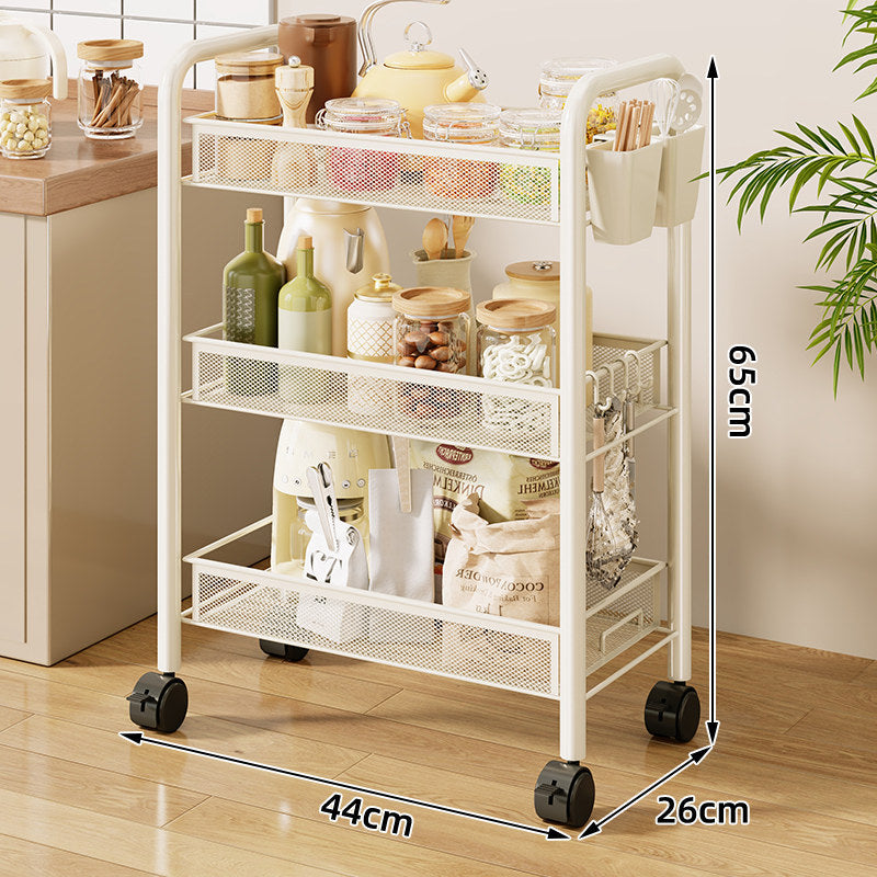 Three-Tier Rolling Mesh Kitchen Storage Cart with Side Utensil Caddy and Locking Casters