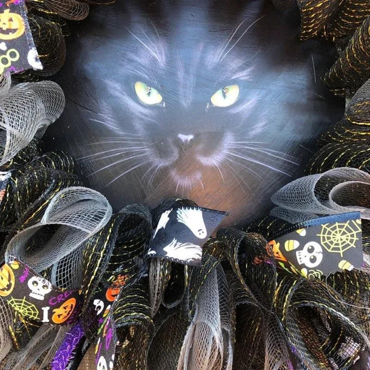 LED Illuminated Halloween Cat Wreath