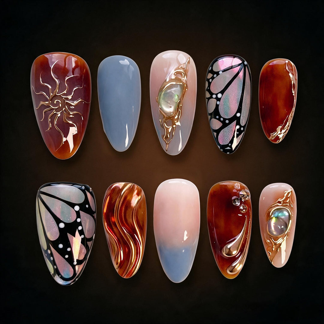 Artistic Press-On Nail Art Set with Textured and Metallic Accents Stornfield