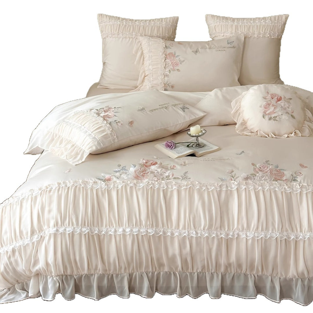 Ruffled Embroidered Rose-Print Cotton Sateen Duvet Cover & Sham Ensemble with Frilled Bedskirt-Style Hem