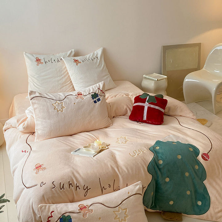 Plush Embroidered Holiday-Themed Duvet Cover Set with Decorative Pillow Shams
