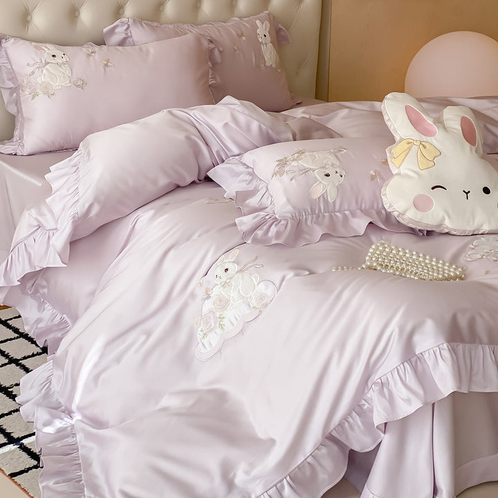 Silky Embroidered Bunny Satin Duvet Cover Set with Ruffled Hem & Oxford Shams