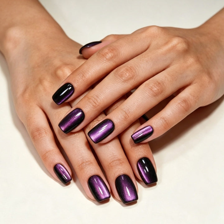 Artificial nails with glossy metallic finish and striking ombre effects Stornfield