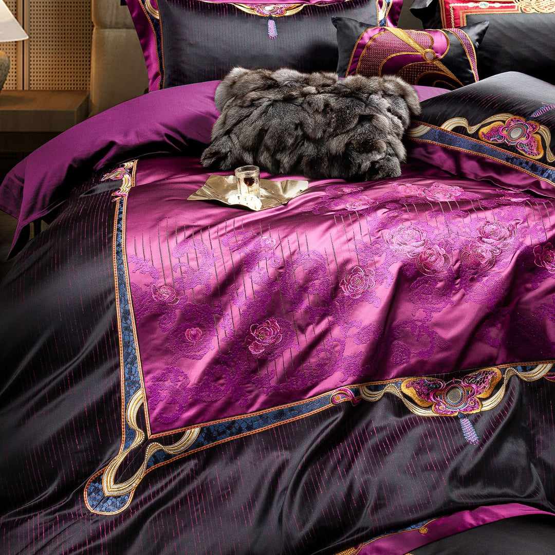 Opulent Satin Jacquard Duvet Cover Set with Embroidered Medallion Accents and Faux-Fur Throw