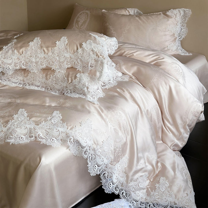 Luxurious Satin Jacquard Duvet Cover Set with Venetian Lace Trim
