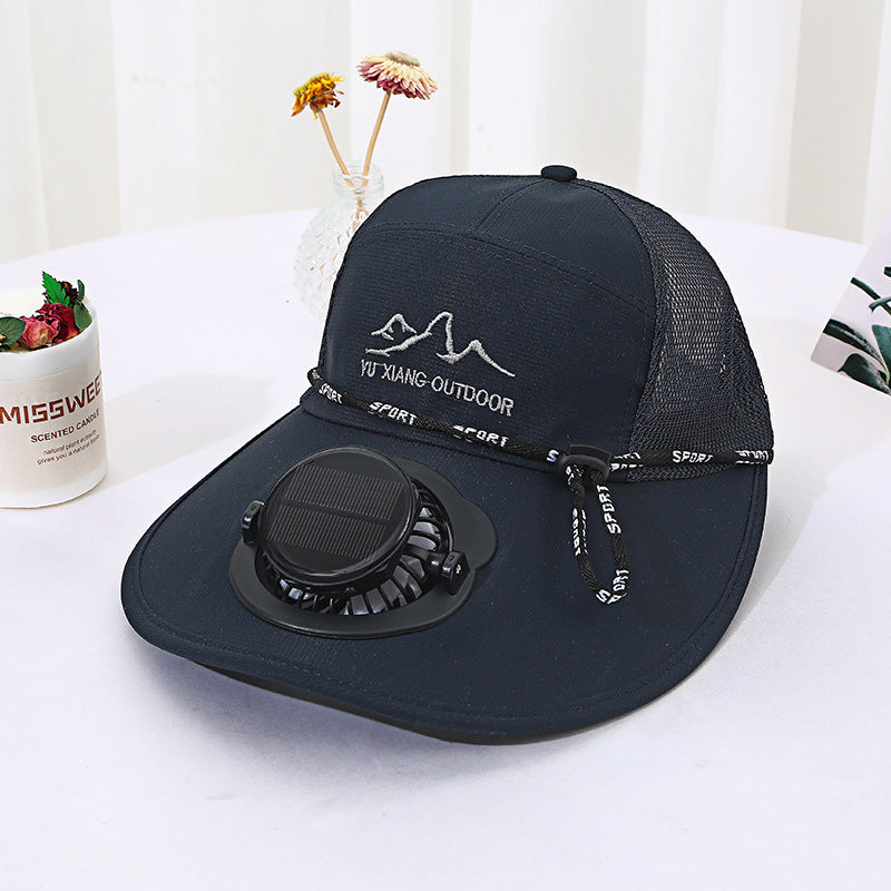 Ventilated outdoor sun hat with integrated solar fan detachable solar panel breathable mesh and adjustable chin strap Stornfield