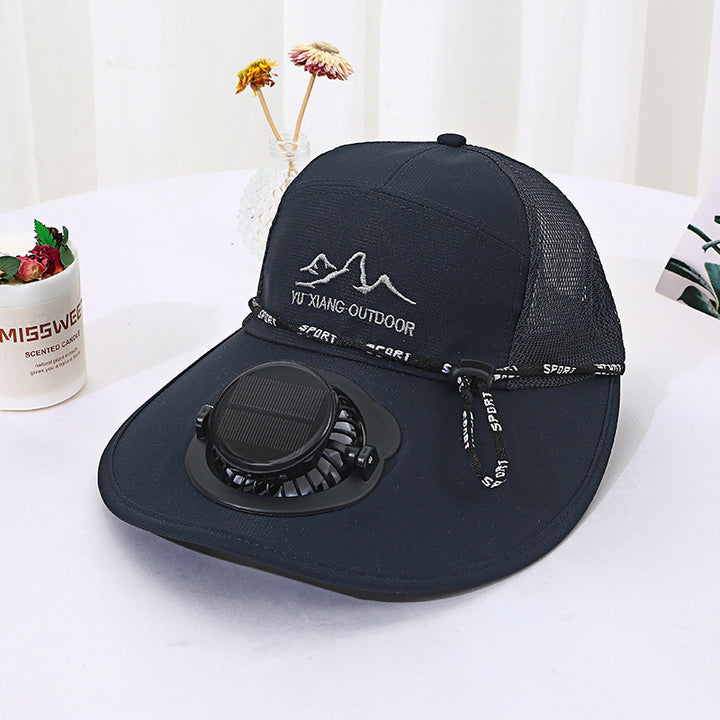 Ventilated outdoor sun hat with integrated solar fan detachable solar panel breathable mesh and adjustable chin strap Stornfield