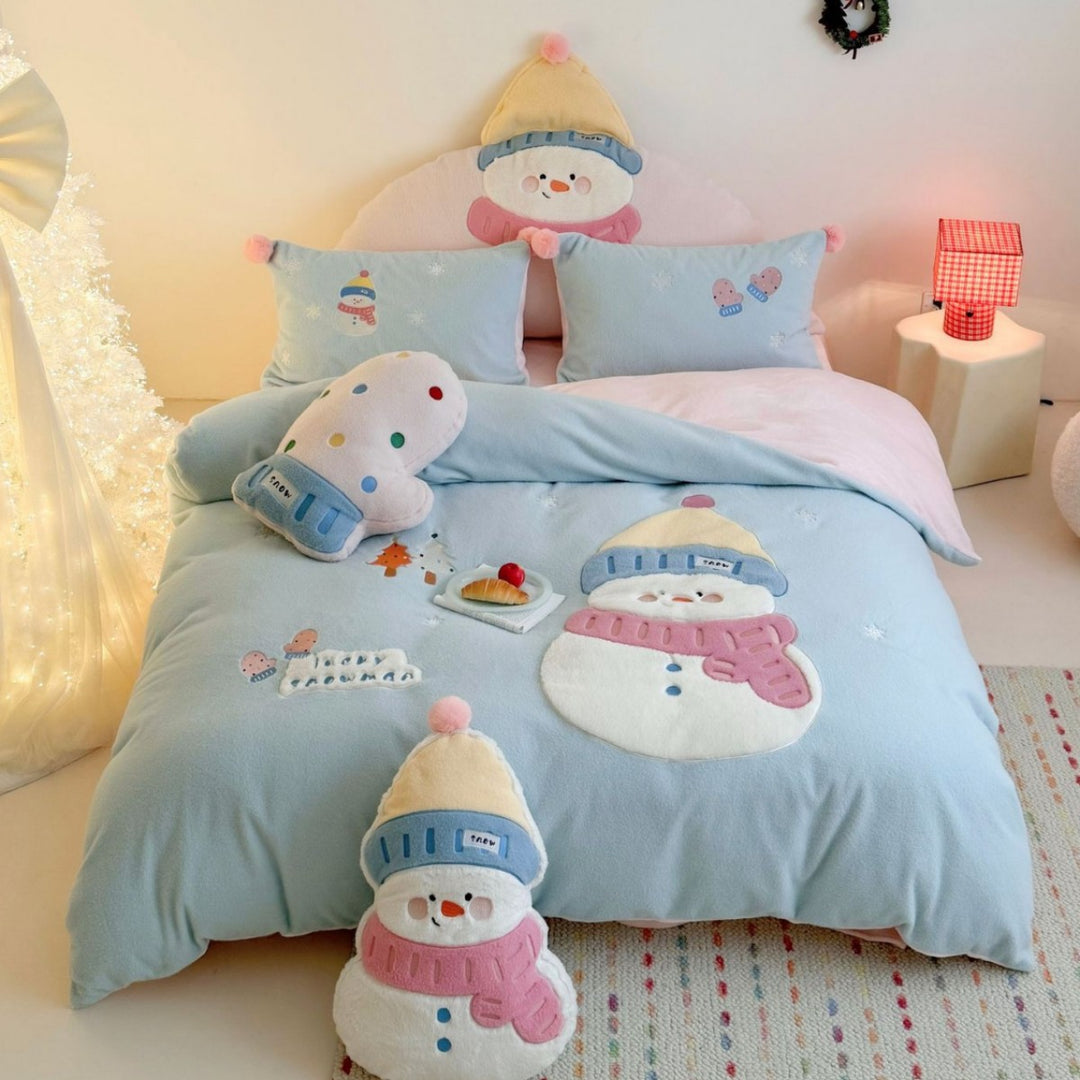 Plush Snowman Embroidered Reversible Coral Fleece Duvet Cover Set