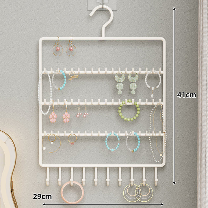 Wall-Mounted Multi-Row Jewelry and Earring Organizer Hanger with Integrated Necklace Hooks