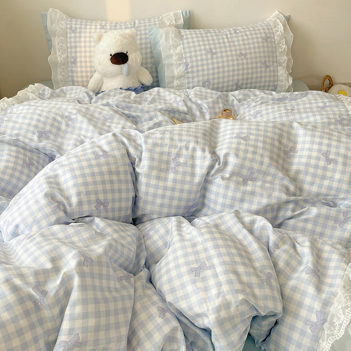 Gingham Cotton Duvet Cover Set with Black Bow Print and Ruffled Lace Sham