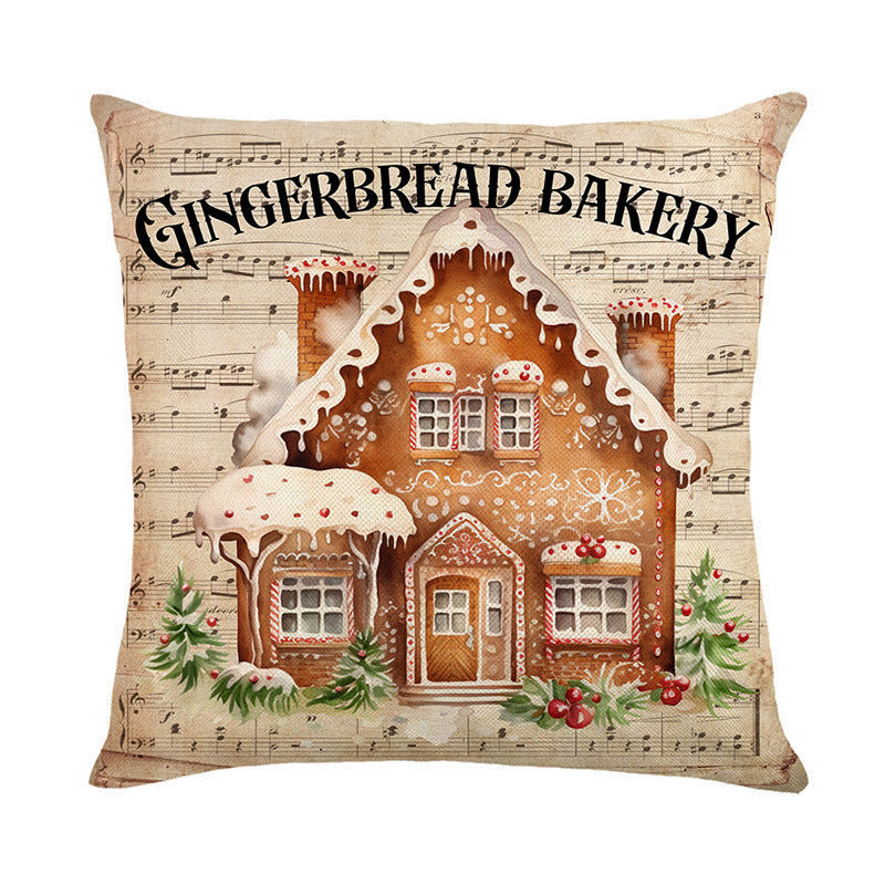 Festive Linen-Texture Decorative Throw Pillow Cover with Gingerbread Man and Musical Sheet Print