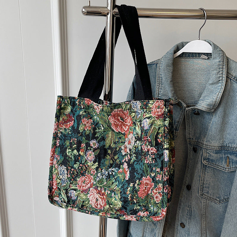 Floral Embroidered Tapestry Tote Bag